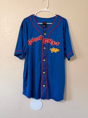 Hot Topic Blue Good Guys Baseball Jersey with Red Trim